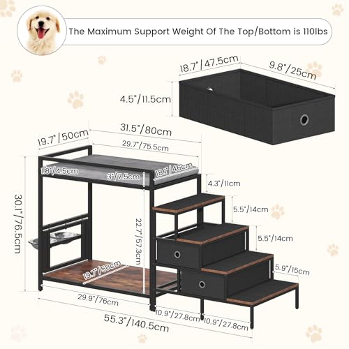 Saudism Dog Window Perch with 360° & Adjustable Raised Feeder, Pet Bunk Bed with Stair and Drawers, Elevated Platform Bed, Pet Elevated Seat with Cushion, Paw-Friendly Ladder