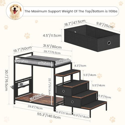 Saudism Dog Window Perch with 360° & Adjustable Raised Feeder, Pet Bunk Bed with Stair and Drawers, Elevated Platform Bed, Pet Elevated Seat with Cushion, Paw-Friendly Ladder