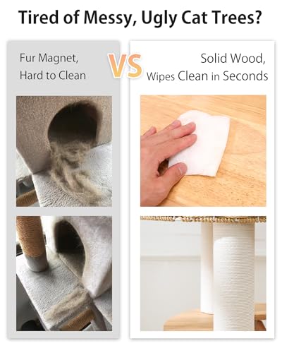 Wood Cat Tree for Large Cats, Modern Cat Tree Tower with Wide Shelves Cotton Scratching Posts, Super Sturdy Base, Cozy Perches, and Interactive Toys for Indoor Kittens 31-Inch - color: Nature S81