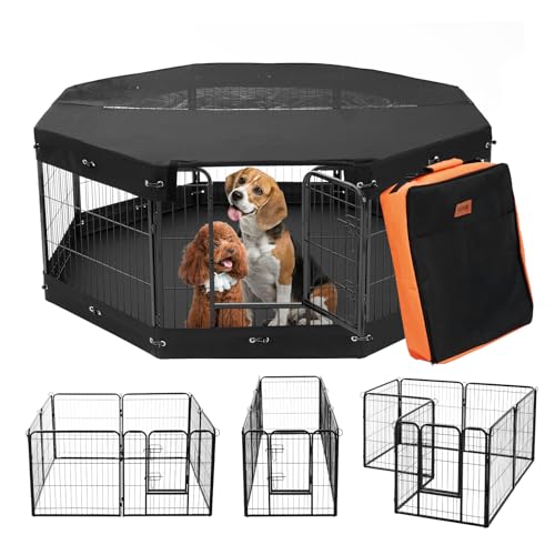 VEVOR Foldable Dog Playpen, 8-Panel Metal Pet Exercise Pen, 24"x24" Dog Fence with Door, Storage Bag, Top Cover, and Bottom Pad for Indoor and Outdoor Use - Ideal for Dogs, Cats, and Small Animals - size: 8 panels 24*24in, style: Playpen with Storage Bag