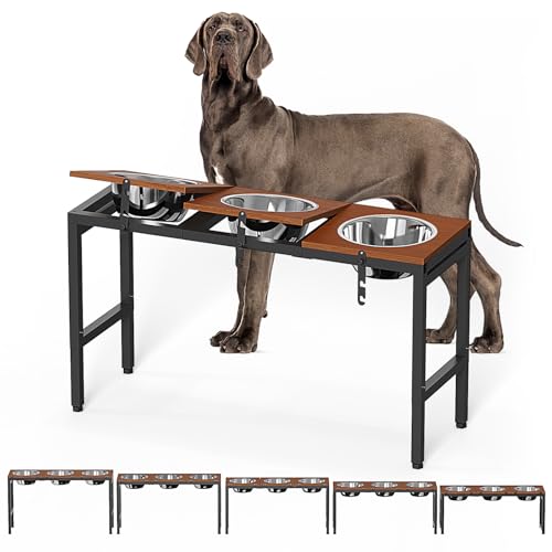 Elevated Dog Bowls Large Breed,Adjustable Raised Dog Bowl Stand,Stainless Steel 3 Bowl Dogs Feeding Station,12.5cup/101oz Each Food Water Bowl(Iron Holder,Wooden Platform,Grained Oak)