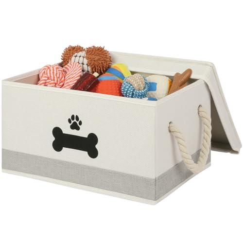 Dog Toy Basket with Lid, Dog Basket for Toys, Dogs Toy Box with Cotton Rope Handles, Collapsible Storage Bins for Pet Toys, Dogs Storage Organizer, Beige&Gray - color: Beige & Gray, size: Medium
