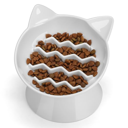 Ceramic Slow Feeder Cat Bowl, 2 Cups Tilted Elevated Cat Slow Feeder Bowl for Dry and Wet Food, Honeycomb Design for Preventing Vomiting & Bloating (White-Cute Kitten) - color: White-Cute kitten