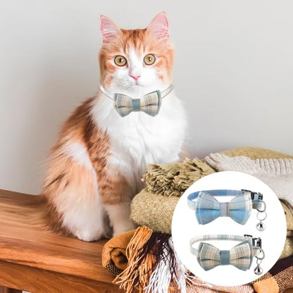 Jeffdad 2Pcs Cat Collar Breakaway, Cat Collar with Bells Bowtie Plaid Cat Collar Adjustable for Kitten Puppy and Small Pets (Blue and White Plaid) - color: Blue and white plaid