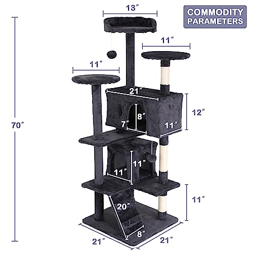 Go Pet Club 70'' Tall Multi-Level Cat Tree with Scratching Post, Stand Platform, Cat Condo, Tower and Funny Toy for Medium Indoor Cats - color: Light Gray