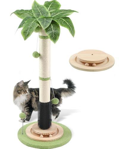 39.4'' Tall Cat Scratching Post,3.5 Inch Wide Sisal Rope Scratching Post for Indoor Adults Kittens,Cat Scratcher with Stable Solid Wood Base Interactive Ball Toys Self Groomer Brush for Large Cats - color: green-39.4inch