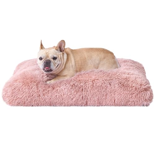 EHEYCIGA Fluffy Dog Crate Bed for Medium Dogs, Plush Faux Fur Pet Crate Pad, Calming Anti Anxiety Medium Pet Bed, Washable Soft Warm Dog Mat with Non-Slip Bottom, Pink - color: Pink, size: 29.5 x 20