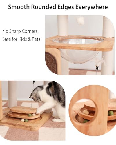 Wood Cat Tree for Large Cats, Modern Cat Tree Tower with Wide Shelves Cotton Scratching Posts, Super Sturdy Base, Cozy Perches, and Interactive Toys for Indoor Kittens 31-Inch - color: Nature S81