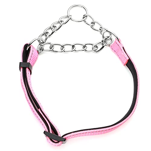 Martingale Dog Collars Adjustable Soft Nylon Reflective Collars with Stainless Steel Chain Walking Training Collars Heavy-Duty Puppy Chain Collars for Small,Medium,Large Dogs(Pink,L) - color: Pink, size: L-(dog's neck19-23inches)
