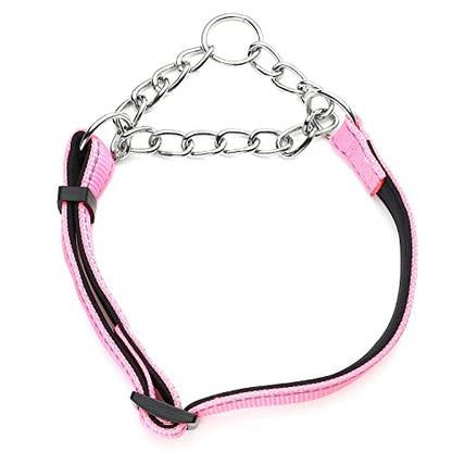 Martingale Dog Collars Adjustable Soft Nylon Reflective Collars with Stainless Steel Chain Walking Training Collars Heavy-Duty Puppy Chain Collars for Small,Medium,Large Dogs(Pink,L) - color: Pink, size: L-(dog's neck19-23inches)