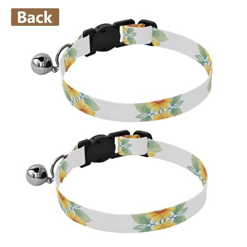 Yellow Sunflowers Green Leaves Kitten Collar with Bell 2 Pack Small Dog Collar Adjustable 10.6 to 17.1 Inches - color: Yellow Sunflowers Green Leaves