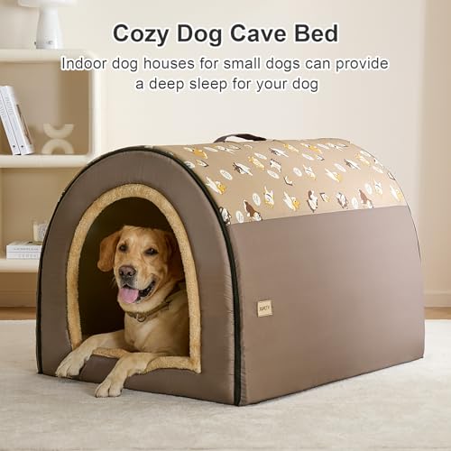 Jiupety 2 in 1 Dog House Indoor, Comfy Cave Bed Covered Dog Bed, Portable House for Large Dogs, 3XL(39"×32"×28"), Up to 90 Lb, Brown - style: 3XL
