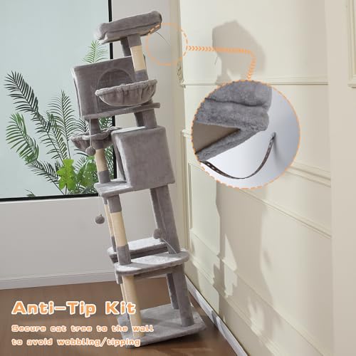 Letkind 70-Inch Cat Tree,Large Cat Tree Tower with Hammock, Scratching Post, Condo and Multi-Level Cat Tower for Large Cats, Cat Activity Center Playhouse, Light Gray LCT016 - color: Light Grey