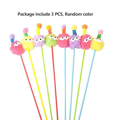 IUHKBH Cat Wands, 3 PCS Fluffy Ball Teaser Wands Interactive Kitten Toys Adorable Cat Toys No Noise Kitty Wand for Energetic Kittens
