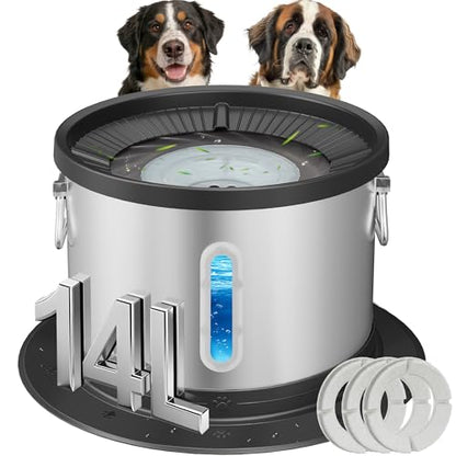 UPSKY 14L No Spill Dog Water Bowl, Stainless Steel Spill Proof Dog Bowl with Water Window, Dual-Suction Anti-Slip Large Capacity Slow Drinking Bowl with Floating Disk for Large Dogs & Messy Drinkers - color: Black