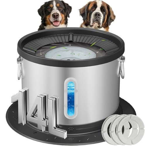 UPSKY 14L No Spill Dog Water Bowl, Stainless Steel Spill Proof Dog Bowl with Water Window, Dual-Suction Anti-Slip Large Capacity Slow Drinking Bowl with Floating Disk for Large Dogs & Messy Drinkers - color: Black