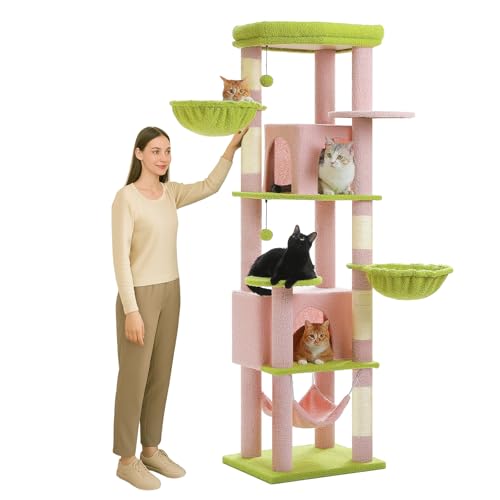 MUTTROS Flower Cat Tree for Large Indoor Cats, 71.2-Inch Tall Multi-Level Cat Tower with Scratching Posts, 3 Soft Hammocks, 2 Large Condos, Super Big Perch & Pompoms for Multi-Cat Households, Pink - color: Flower Pink, size: 71.2"
