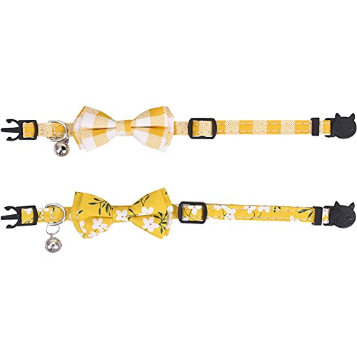 2 Pack/Set Cat Collar Breakaway with Cute Bow Tie and Bell Plaid Flower for Kitty Adjustable Safety - color: Yellow