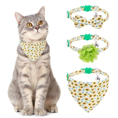 Breakaway Cat Collars with Bell & Cute Pendants - 3 Pack Adjustable Safety Kitten Collars - Decoration for Girl Boy Cats Puppy and Small Pets (Style C - Sunflower) - color: Style C - Sunflower
