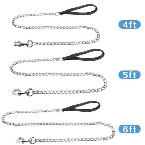 Chain Heavy Duty Metal Dog Leash, 4FTx3mm Chew Proof Pet Leash Chain with Soft Padded Handle for Large & Medium Size Dogs Walking, Training and Traveling (0-80 lbs) - size: 4FTx3mm (0-80 lbs)