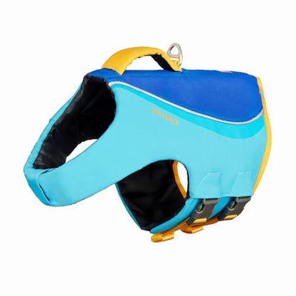 Tuff Pupper Dog Life Jacket | High Buoyancy Dog Swim Vest with Rescue Handle | Adjustable Secure Fit | Reflective Safety Trim | Pet Flotation Jacket for Swimming Boating Kayaking (Blue/Yellow, S) - size: Small
