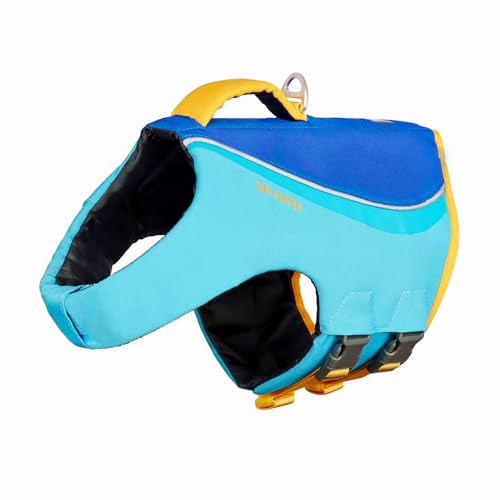 Tuff Pupper Dog Life Jacket | High Buoyancy Dog Swim Vest with Rescue Handle | Adjustable Secure Fit | Reflective Safety Trim | Pet Flotation Jacket for Swimming Boating Kayaking (Blue/Yellow, M) - size: Medium
