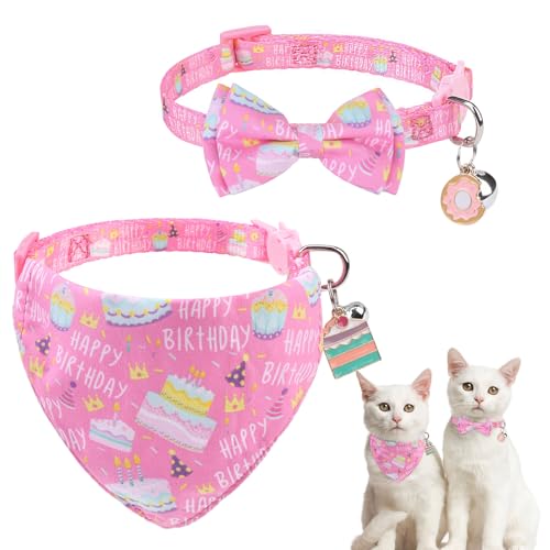 SCENEREAL Cat Bandana Collar for Birthday - 2 Pack Breakaway Kitten Collars With Bell Bowtie, Accessories for Pets, Adjustable Cute for Cats and Small Dogs Boys Girls, (Pink) - color: Bandanas & Bow (Birthday-Pink)