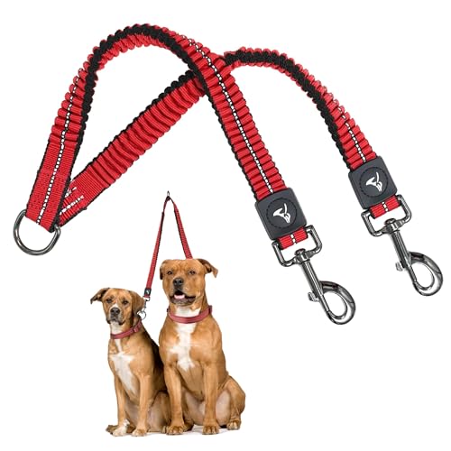 Kruz Double Dog Leash for Two Dogs (Width - 5/8”, Length 14”-27”) Dual Leash Coupler with Tangle-Free Swivel, Shock-Absorbing Reflective Bungee for Comfortable Walking & Training (Red, Small) - color: Red, size: Small: 5/8" x 14"