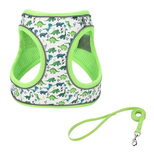 Step in Dog Harness No Pull Dinosaur Adjustable Soft Mesh Padded Reflective Pet Vest Harness and Leash Set for Small Medium Dogs - color: Green, size: S(neck:10.5"-12",chest:13.5"-16")