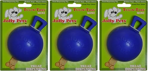Jolly Pets Tug-n-Toss Heavy Duty Dog Toy Ball with Handle, 3 Inches/Mini, Blue, Model:403 BL (Pack of 3) - color: Blue, size: 3 in/Mini (Pack of 3)