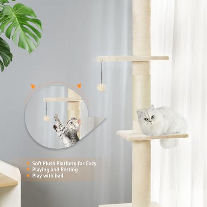 5-Tier Floor-to-Ceiling Adjustable Cat Tower, 98-110 Inch Tall Cat Tree with Cozy Rest Bed, Multi Platforms & Natural Sisal Scratching Posts, Indoor Cat Activity Play Structure, Beige - color: Beige