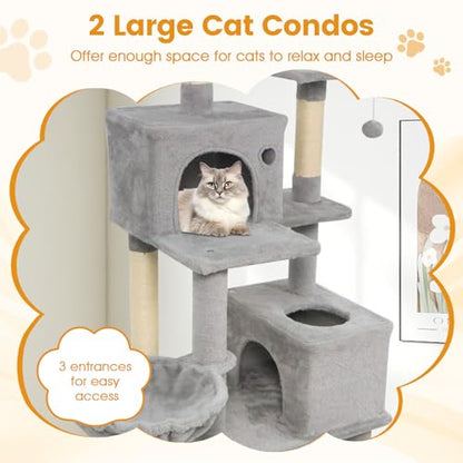 PETSITE 66 Inches Tall Cat Tree, Multi-Level Cat Tower with Sisal Scratching Posts, Side Basket, 2 Comfy Condos, Hammock, Soft Padded Top Perch, and Hanging Balls, Ideal for Indoor Cats (Grey) - color: Grey