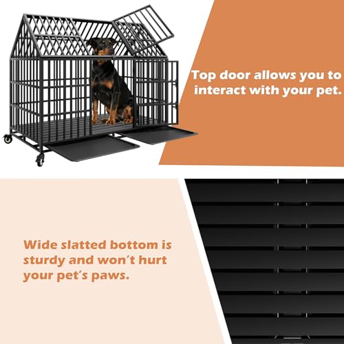 54" Indestructible Heavy Duty Dog Crate, Large Strong Steel Escape Proof Cage Dog Kennel for Large Giant Dogs with 4 Wheels, 2 Trays, 2 Doors, XXL