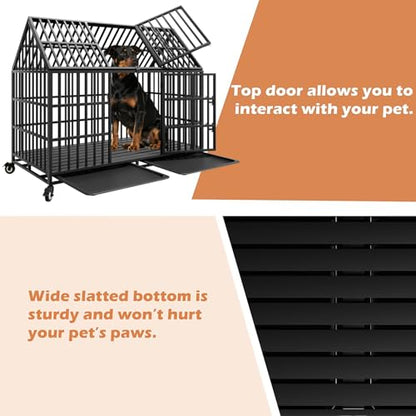 54" Indestructible Heavy Duty Dog Crate, Large Strong Steel Escape Proof Cage Dog Kennel for Large Giant Dogs with 4 Wheels, 2 Trays, 2 Doors, XXL