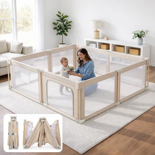 Foldable Baby Playpen with Mat, Foldable Baby Fence Play Yards for Babies and Toddlers, Play Pen with Breathable Mesh and Anti-Fall Pads (71"×79") - size: 71"×79"