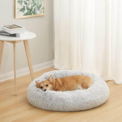Bedfolks Calming Donut Dog Bed, 30 Inches Round Fluffy Dog Beds for Medium Dogs, Anti-Anxiety Plush Dog Bed, Machine Washable Pet Bed (Light Grey, Medium) - color: Light Grey, size: 30.0"L x 30.0"W x 8.0"Th