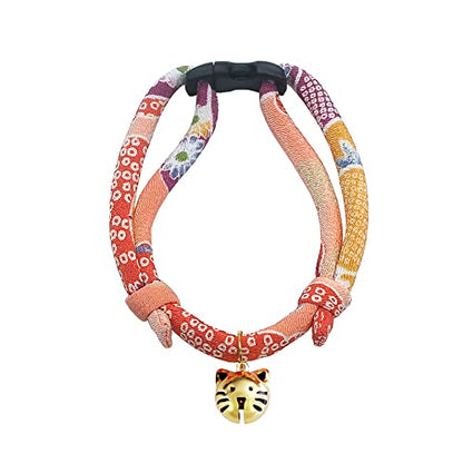 Cat Collar with Kitty Face Bell. Cute Japan Chirimen Kitten Collar. Soft & Lightweight. - color: Coral