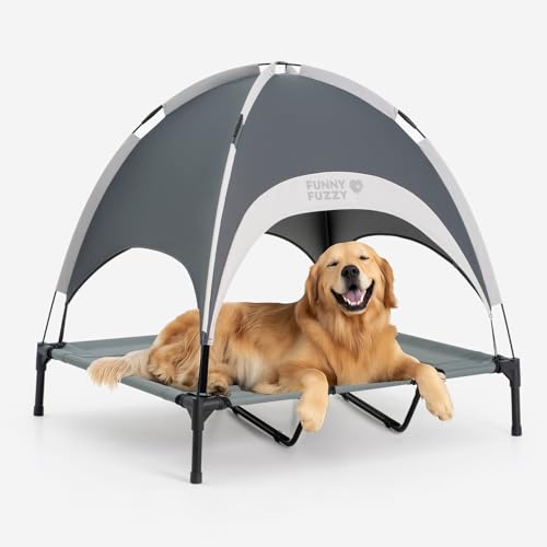 FUNNY FUZZY Elevated Dog Bed with Canopy,Grey, X-Large(48"x36"x9")–Outdoor Pet Cot with UV Protection, Breathable Mesh for Cooling, Indoor & Outdoor Use for Dogs up to 120 lbs - color: Grey, size: X-Large