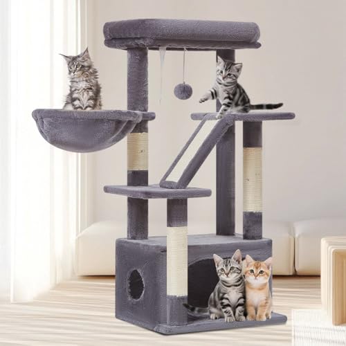 Taoqimiao Cat Tree,38.5-Inch Cat Tower for Indoor Cats,Suitable for Kittens with Luxurious cat condo, Adjustable Baskets and Luxurious Perch MS029SG Smoky Gray - color: Smoky Gray, size: 38.5 Inches