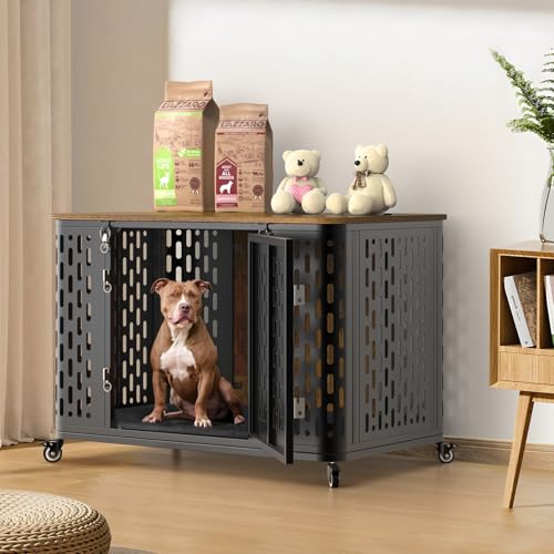 ONBRILL Dog Crate with Cushion, 38" Wood Heavy Duty Dog Crate Furniture with Flip Top & Wheels for High Anxiety Dog, Escape Proof Pet Cage for Small/Medium Dogs - size: 38.2"L x 27.2"W x 24.4"H