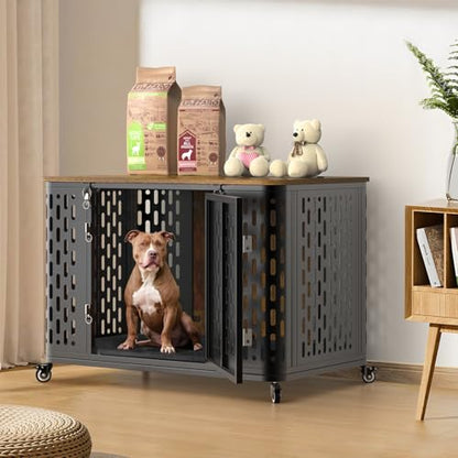 ONBRILL Dog Crate with Cushion, 38" Wood Heavy Duty Dog Crate Furniture with Flip Top & Wheels for High Anxiety Dog, Escape Proof Pet Cage for Small/Medium Dogs - size: 38.2"L x 27.2"W x 24.4"H