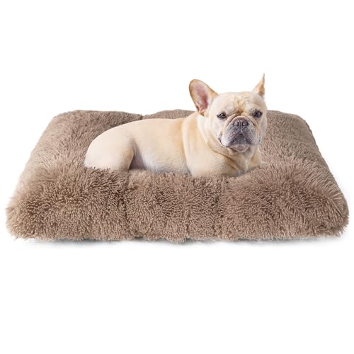 EHEYCIGA Fluffy Dog Crate Bed for Medium Dogs, Plush Faux Fur Crate Pad, Calming Anti Anxiety Medium Dog Bed for Crate, Washable Soft Warm Mat with Non-Slip Bottom, Camel - color: Camel, size: 29.5 x 20