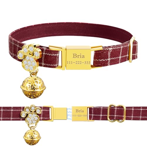 Personalized Breakaway Cat Collars - Magnetic Buckle, Bell - Safety Quick Release, Customized for Girls & Boys Cats- (Checkered-Red) - color: Checkered-Red