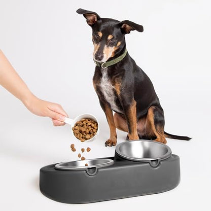 Ubbi Pet Feeding Bowls Set with Non-Slip Mat, Elevated & Flat Stainless Steel Dog or Cat Bowls, Ergonomic 15° Angled Feeder, Dishwasher Safe, Charcoal Gray - color: Charcoal