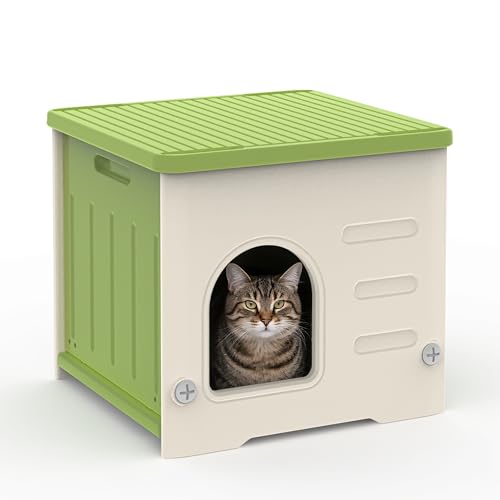 Stackable Cat House for Outdoor Indoor Use, Feral Cat Shelter Weatherproof Waterproof Elevated (Medium) - color: Green-M