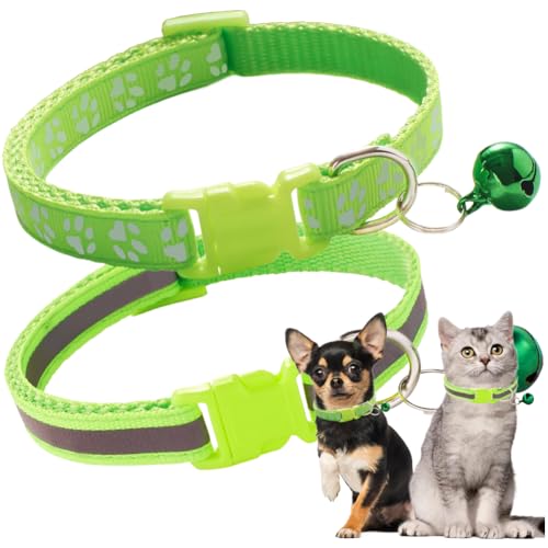 Green XS Dog Collar with Bell, 2-Pack Paw Print & Reflective Strip Nylon Cat Collar with Bells, Adjustable for Puppy XXS XS Small Dogs Male Kitten, X-Small - color: Reflective Green