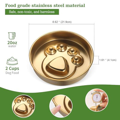 Golden Stainless Steel Slow Feeder Dog Bowls – Non-Slip Metal Dog Bowl for Large & Medium Breeds, Puppy Puzzle Feeder – 2 Cup Capacity for Small to Big Pets – Durable Slow Feed Dog & Cat Food Dish - color: Paw-Golden