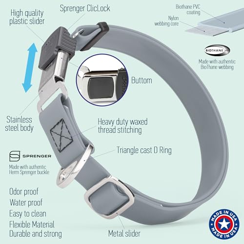Biothane Waterproof Durable Dog Collar with Herm Sprenger - Quick Release ClicLock Buckle - Fits Medium and Large Dogs - Made in USA (Battleship Gray, W 1" x L 15"-25") - color: Battleship Gray, size: W 1" x L 15"-25"