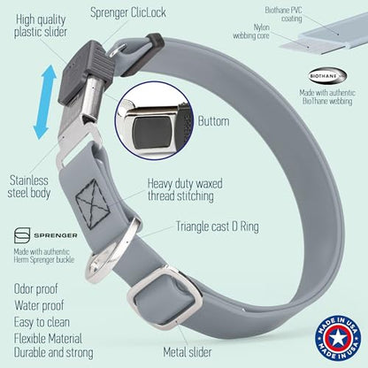Biothane Waterproof Durable Dog Collar with Herm Sprenger - Quick Release ClicLock Buckle - Fits Medium and Large Dogs - Made in USA (Battleship Gray, W 1" x L 15"-25") - color: Battleship Gray, size: W 1" x L 15"-25"