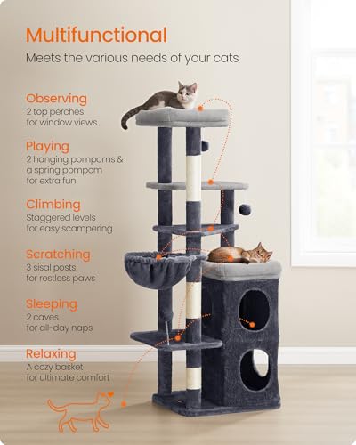 Feandrea Cat Tree, 60-Inch Cat Tower, Multiple-Level Plush Condo with 2 Caves, 3 Scratching Posts, 3 Perches, Dark Gray UPCT007G02 - color: Dark Gray